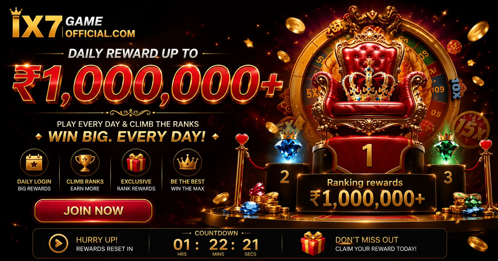 IX7Game Daily Reward Up To ₹1,000,000+ — Climb ranks and win big every day